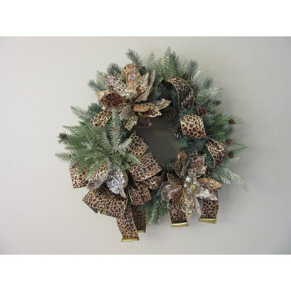Christmas Wreath Luxurious Animal Print Jeweled Faux Evergreen Handmade 24" - Picture 1 of 6